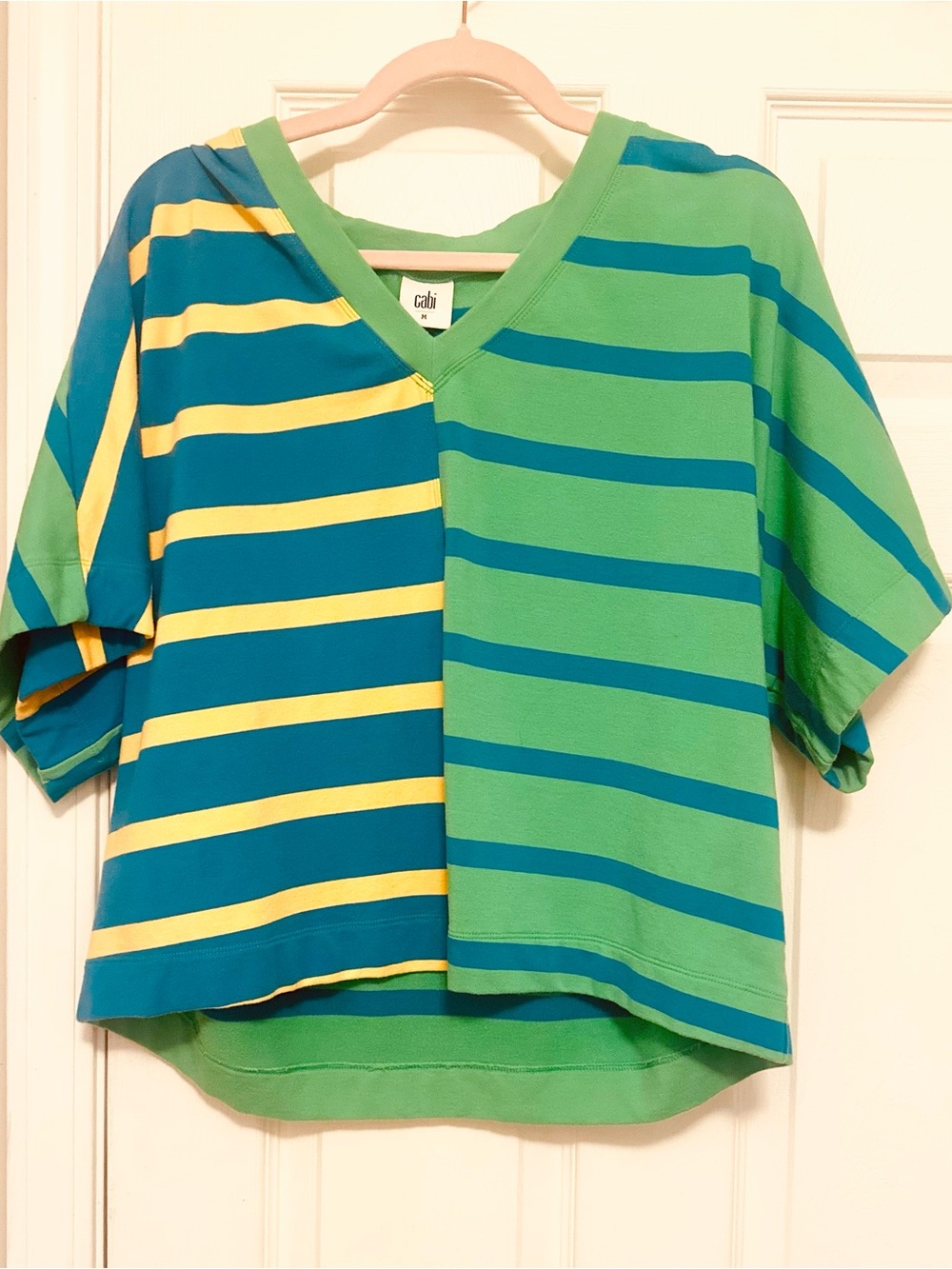 CAbi Cabana Too Split-Stripe V-Neck Tee in Teal, Yellow & Green